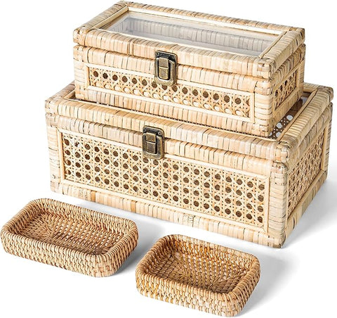 Rattan Display Boxes with Glass Lids - Rectangular Decorative Storage Box for Shelf - Set of 2 Woven Wicker Boho Cane Decor Organizers - 2 Removable Rattan Storage Trays