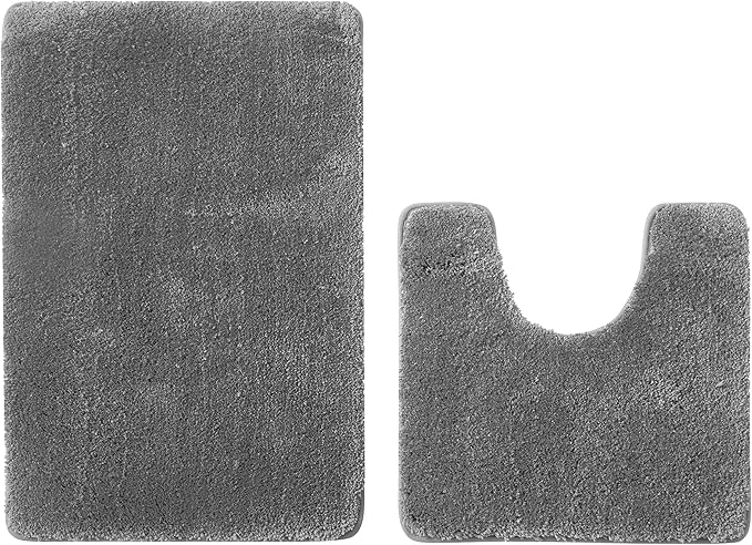 YHF Bathroom Rug Set 2Piece, Thick &Soft Microfiber Shaggy, U Shaped Contour, Machine Washable Bath Mats, Absorbent Bath Rugs, Non-slip Rubber Backing Bath Mat for Bathroom Floor, Tub and Shower, Grey