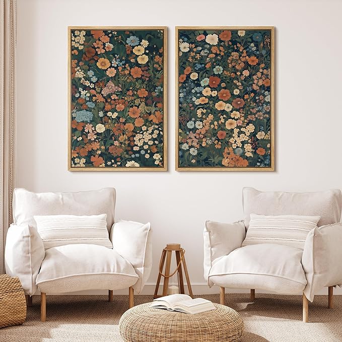 MUDECOR Framed Canvas Print Wall Art Vintage Floral Botanical Colorful Wildflowers Illustrations Modern Art Decorative Bohemian Colorful for Living Room, Bedroom, Office - 16"x24"x2 Natural