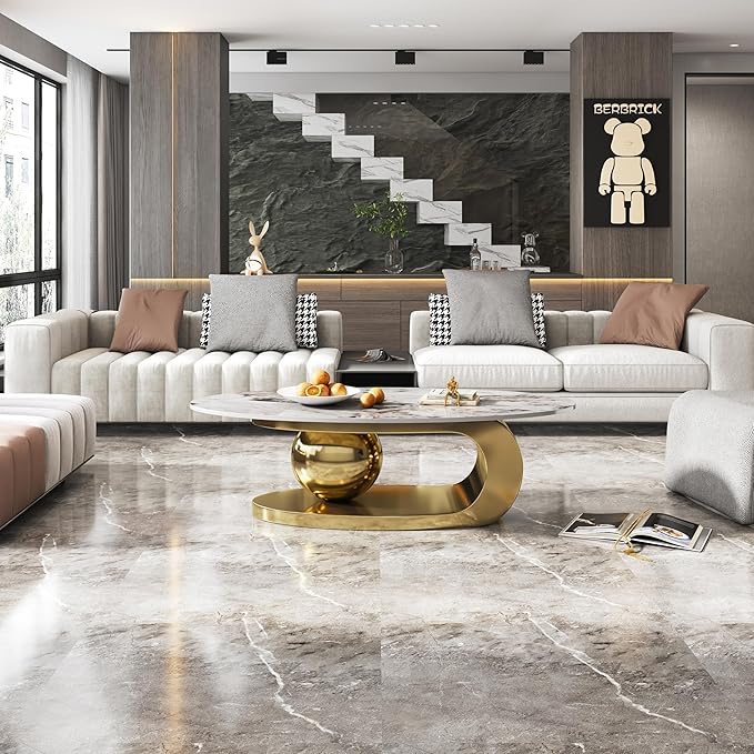 Modern Oval Marble Coffee Table, 51.2" Gold Coffee Table with Sintered Stone Top & Geometric Stainless Steel Base, Luxury Oval Tea Center Tables for Living Room