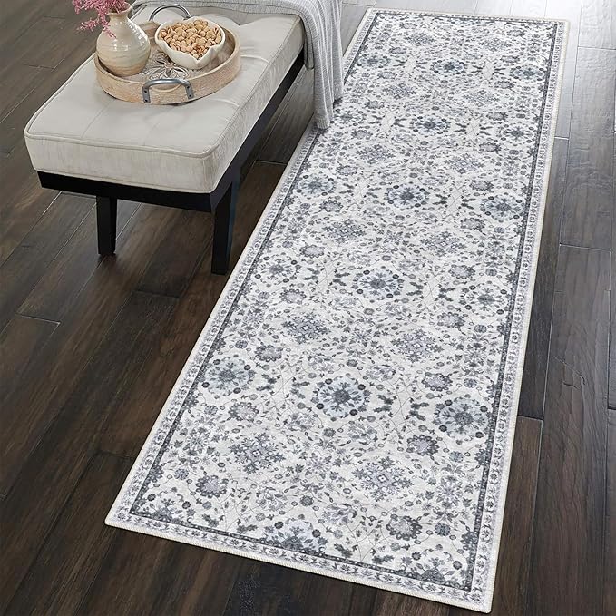vivorug Runner Rug 2x10 Machine Washable Rug with Non-Slip Backing, Ideal for Kitchen Hallway Entryway Laundry Room - Vintage, Durable, Easy Clean, Low Pile Carpet Runner, Ivory/Blue