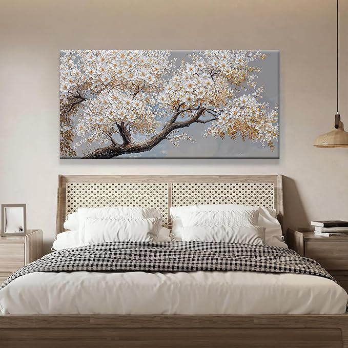 Canvas Wall Art Decor White Flowers On Tree Artwork Wall Decor Living Room Canvas Prints Modern Wall Art For Office Kitchen Canvas Prints Decor 24x48 Inch