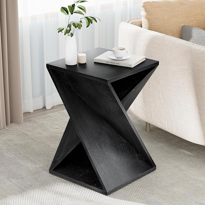 Farmhouse End Table Square Solid Wood Pedestal Side Table Rustic Plant Stand with Twisted Design for Living Room, Bedroom, Office, Black