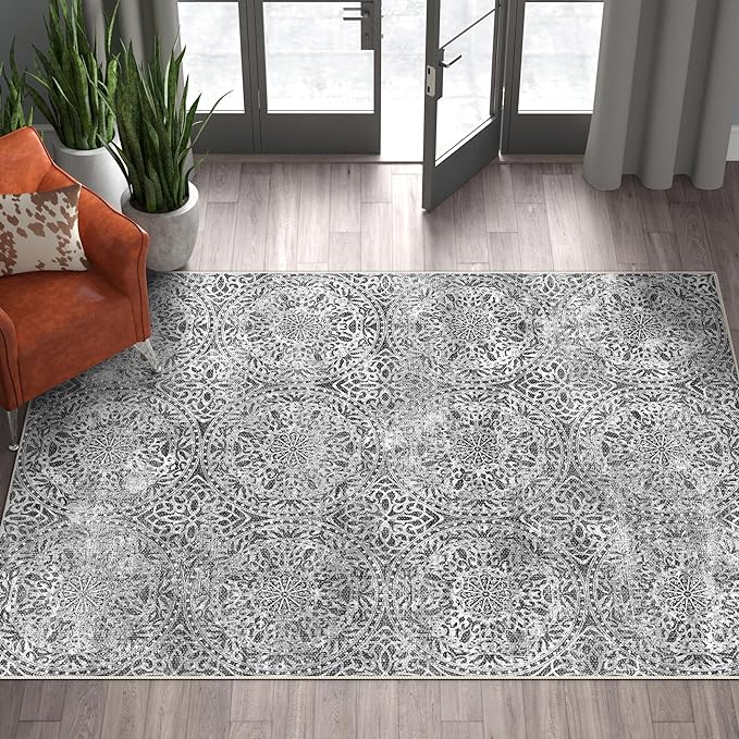 vivorug 3x5 Rug, Small Area Rug for Living Room, Bedroom, Kitchen, Machine Washable Non-Slip Throw Rug, Vintage Medallion Carpet for Entryway Nursery Coffee Table - Durable (Grey)
