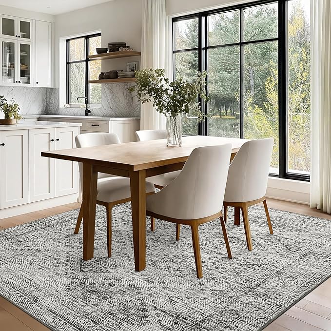 MIULEE 8x10 Vintage Washable Area Rugs Living Room Rug Low Pile Boho Farmhouse Floor Mat for Bedroom Dining Room Under Kitchen Table, Non-Slip Stain Resistant Soft Large Carpet for Home Decor, Grey