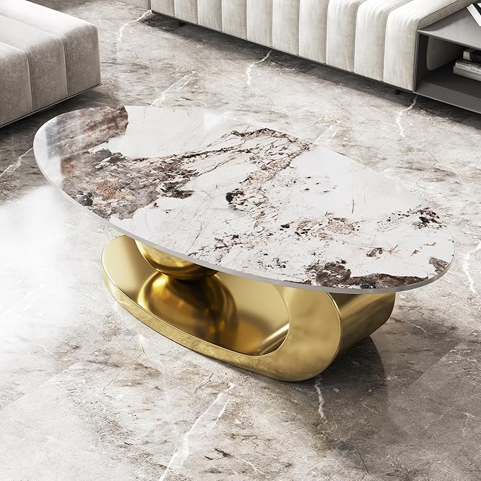 Modern Oval Marble Coffee Table, 51.2" Gold Coffee Table with Sintered Stone Top & Geometric Stainless Steel Base, Luxury Oval Tea Center Tables for Living Room