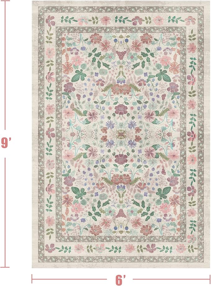 Deerly Boho Floral Area Rug 6x9 for Living Room Vintage Large Washable Non-Slip Bedroom Carpet Soft Low Pile Thin Floor Mat Indoor for Dining Room Playroom Nursery Farmhouse, Beige/Light Pink/Multi