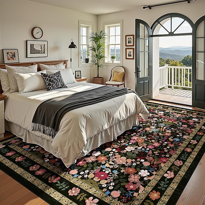 Deerly Large Floral Washable Rugs 8x10 Vintage Black Living Room Carpet Boho Non-Slip Soft Low Pile Thin Bedroom Floor Mat Indoor for Dining Room Playroom Nursery Farmhouse, Black/Multi