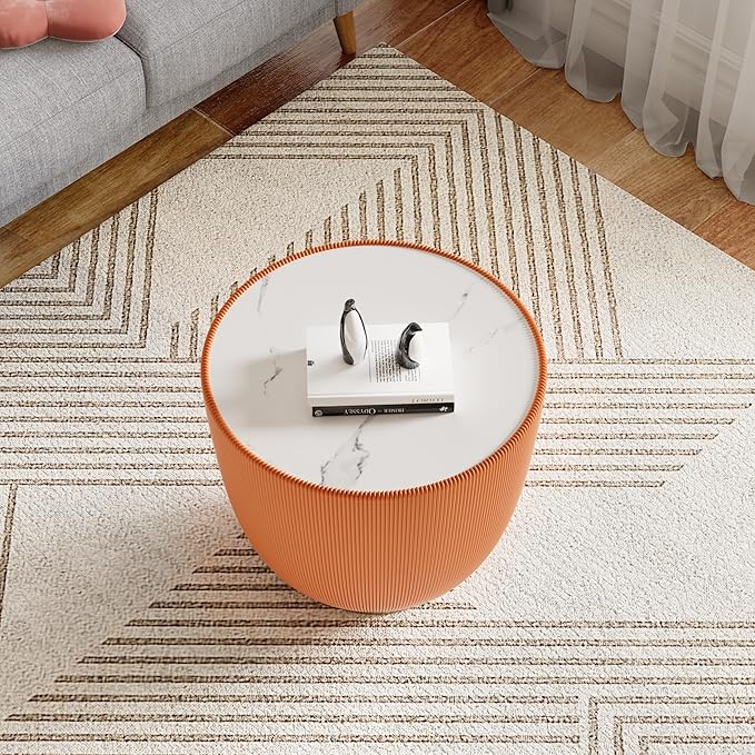19.7" Round End Table Luxury Cup Shape Leather Sofa Beside Tables, Circle Sofa Couch Table PU Leather, Modern White Marble Top Drum Bowl Living Room Tables for Living Room Bedroom Apartment