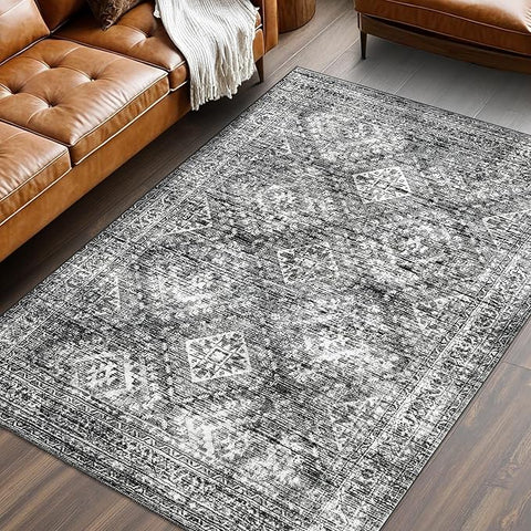 MIULEE 5x7 Vintage Living Room Rug Washable Area Rugs Low Pile Floor Mat for Bedroom Dining Room Non-Slip Stain Resistant Soft Indoor Carpet for Home Decor, Black