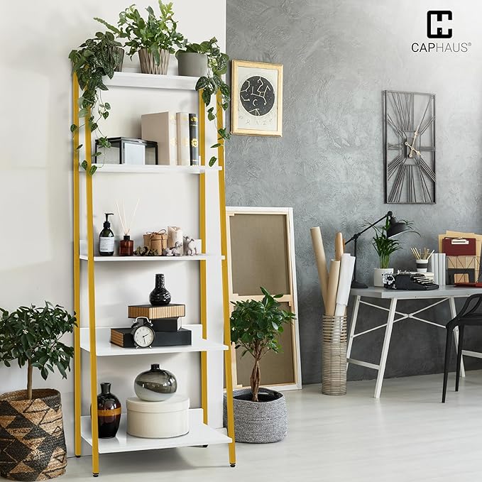 CAPHAUS 5 Tier Ladder Bookshelf, 24 Inch Width Free Standing Shelf, Bookcase Shelf Storage Rack Organizer, Industrial Book Shelves for Home Office, Living Room, Kitchen, White Shelves & Gold Frame