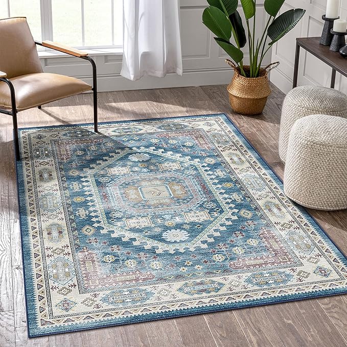 vivorug 9x12 Area Rugs for Living Room, Non Slip Machine Washable Vintage Rug, Ultra-Thin Lightweight Large Area Rug for Bedroom, Dining Room, Low Pile Blue