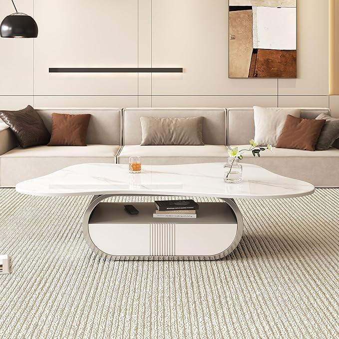 41.7" Marble Coffee Table with Storage Shelf & Drawer, Modern White Silver Coffee Tables for Living Room,Sturdy Stainless Steel Base, Sintered Stone Tabletop, Irregular Tea Cocktail Center Table