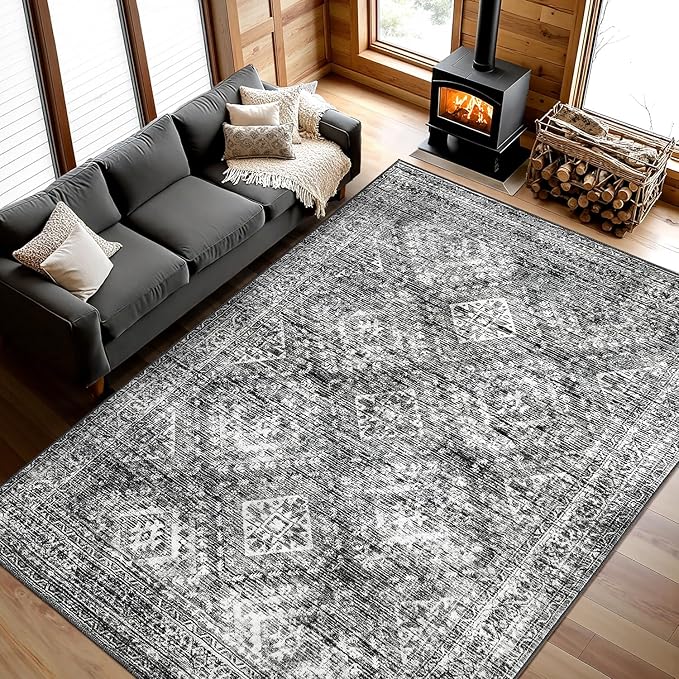 MIULEE 9x12 Vintage Washable Area Rugs Living Room Rug Low Pile Boho Farmhouse Floor Mat for Bedroom Dining Room Under Kitchen Table, Non-Slip Stain Resistant Soft Large Carpet for Home Decor, Black