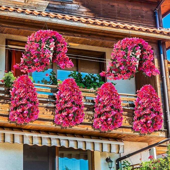 4 Pcs Artificial Faux Bougainvillea Flowers Plants Hanging Flowers Plants for Outdoor Decoration Fake Silk UV Resistant Long Trailing Vines for Front Door Porch Planter Balcony (Purple and Red)