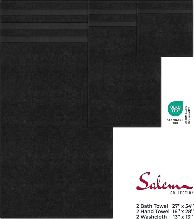 American Soft Linen Salem Turkish Bath Towel Set, 100% Cotton 600 GSM 6 Piece Towels for Bathroom, 2 Bath Towels 2 Hand Towels 2 Washcloths, Black
