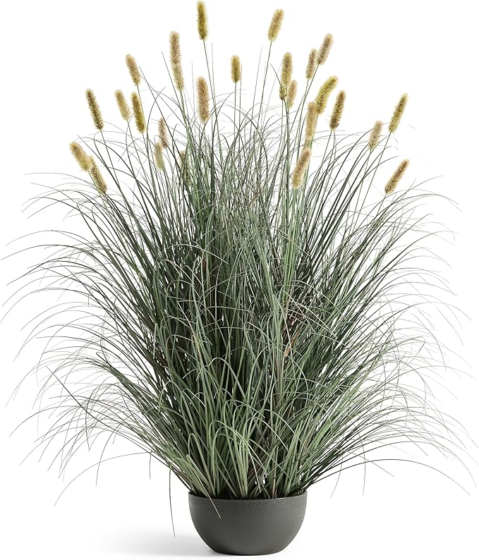 4ft Onion Grass, Artificial Plant and Greenery, Fake Floor Plants Indoor Outdoor, Potted Faux Green Bristlegrass with Yellow Spikes, Large Size Horsetail Reed Grass, House Decorative