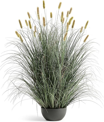 4ft Onion Grass, Artificial Plant and Greenery, Fake Floor Plants Indoor Outdoor, Potted Faux Green Bristlegrass with Yellow Spikes, Large Size Horsetail Reed Grass, House Decorative