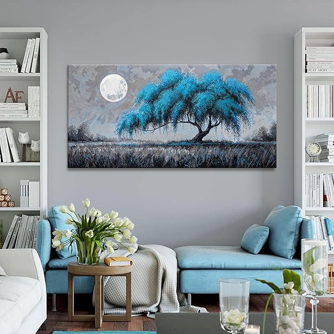 Canvas Wall Art Prints Decor Blue Tree Of Life Wall Art Decor Modern Artwork Ready To Hang Modern Wall Art For Living Room Bedroom Kitchen Office Canvas Prints 24x48 Inch