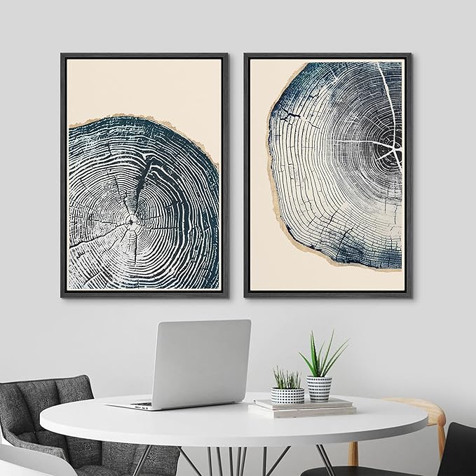 MUDECOR Framed Canvas Print Wall Art Navy Blue Wood Tree Ring Nature Illustration Modern Art Decorative Multicolor Geometric Minimal for Bedroom - 16"x24"x2 Black