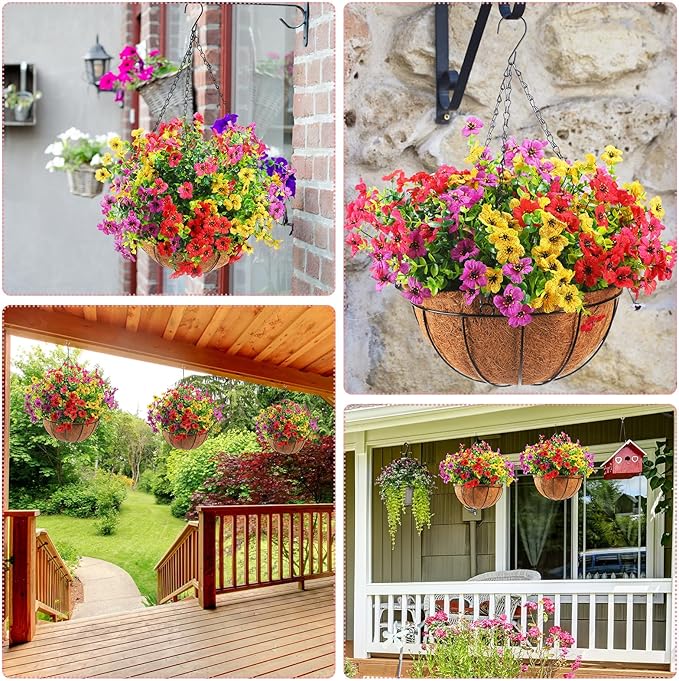 Lyrow 2 Pcs Artificial Hanging Flowers with Fake Basket Outdoor Realistic Hanging Plants with 12 Inch Coconut Lining Basket for Patio Lawn Garden Porch Decor (Mix)