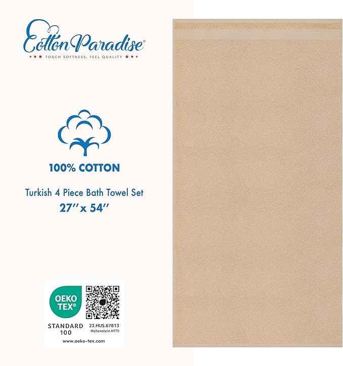 Cotton Paradise 4 Piece Turkish Bath Towels for Bathroom, 100% Cotton Extra Large Soft Plush Towels Bathroom Set, Beige