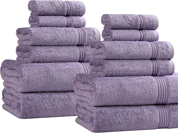 Superior Egyptian Cotton 12-Piece Towel Set, Assorted Towels for Home Bathroom, Decor Essentials, Includes 4 Bath, 4 Hand, 4 Face Towels/Washcloths, Quick Dry, Absorbent, Royal Purple
