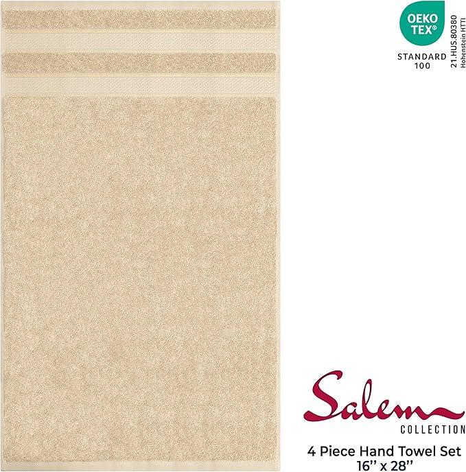American Soft Linen Salem 100% Cotton Turkish 4 Piece Hand Towels for Bathroom, 600 GSM Soft Absorbent Quickdry Hand Face Towel Set, Beige