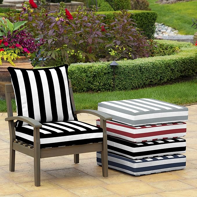 Arden Outdoor Deep Seat Cushion Set, 24 in x 24 in, Weather-Proof, Rain-Proof, Fade Resistant Patio Cushion for Chair, Sofa, and Couch Black Cabana Stripe