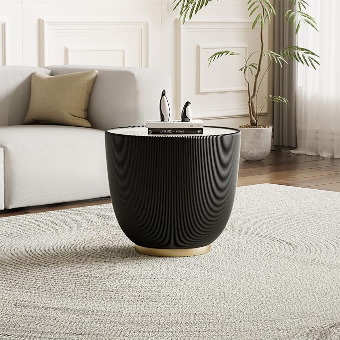 19.7" Round End Table Luxury Cup Shape Leather Sofa Beside Tables, Circle Sofa Couch Table PU Leather, Modern White Marble Top Drum Bowl Living Room Tables for Living Room Bedroom Apartment