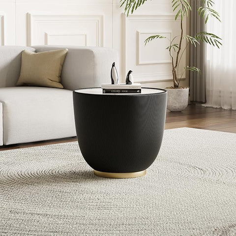 19.7" Round End Table Luxury Cup Shape Leather Sofa Beside Tables, Circle Sofa Couch Table PU Leather, Modern White Marble Top Drum Bowl Living Room Tables for Living Room Bedroom Apartment