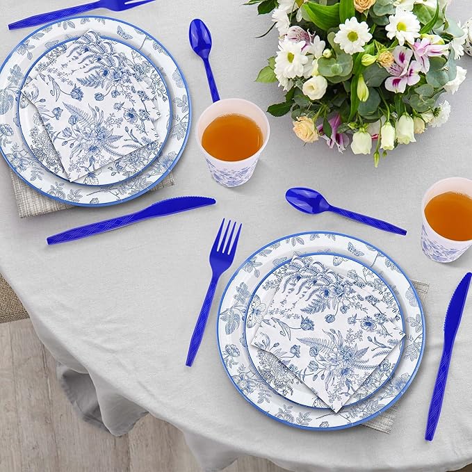 400 Pieces Blue and White Flower Disposable Party Tableware Sets Including Plates Cups Napkins Cutlery Serves 50 for Wedding Birthday Baby Shower Party Decorations
