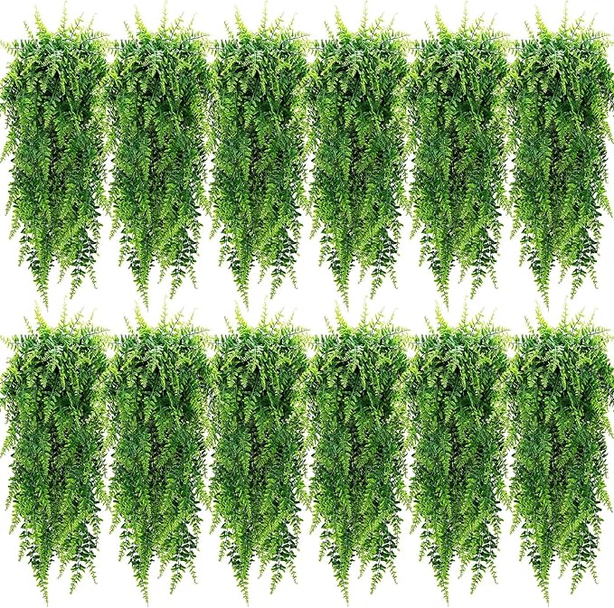Geosar 12 Pcs Artificial Hanging Plants 32 Inch Hanging Boston Ferns Plastic Fake Plants for Wall Room Garden Wedding Garland Indoor Outdoor Decoration, No Basket