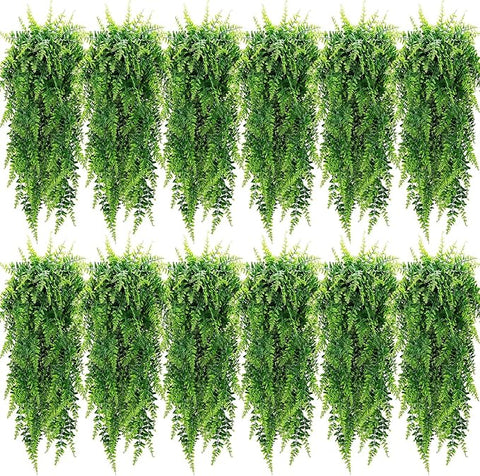 Geosar 12 Pcs Artificial Hanging Plants 32 Inch Hanging Boston Ferns Plastic Fake Plants for Wall Room Garden Wedding Garland Indoor Outdoor Decoration, No Basket