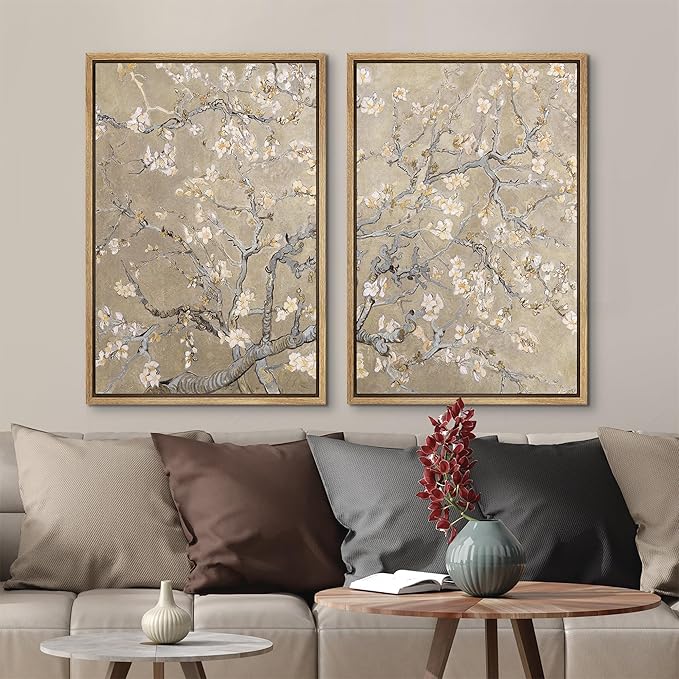 MUDECOR Framed Canvas Print Wall Art Blossoming Almond Tree Elegant Floral Illustrations Modern Art Decorative Bohemian Calm/Zen for Living Room, Bedroom, Office - 16"x24"x2 Natural