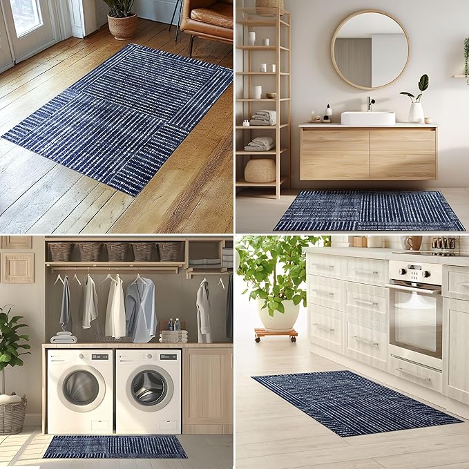 Canvas Washable Indoor Rug with Rubber Backing, Large Door Mat for Entryway, Kitchen, Bathroom, Non-Slip Mat, Washable Entryway Rug, Pet Friendly, Navy Blue, 27.5” x 47”