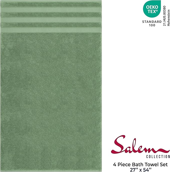 American Soft Linen Salem 100% Cotton Turkish 4 Piece Bath Towels for Bathroom, 600 GSM Soft Absorbent Quick Dry Bath Towel Set, Sage Green