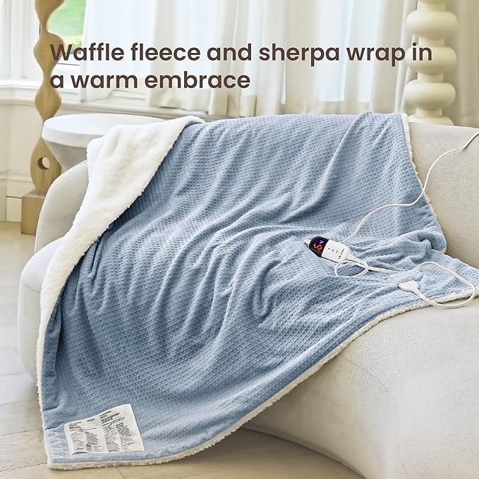 Heated Blanket Electric Throw Waffle, 50x60 Inches Sherpa Fleece Fast Heating Blanket 6 Heating Levels & 4 Hours Auto Off ETL Certification,Haze Blue Throw