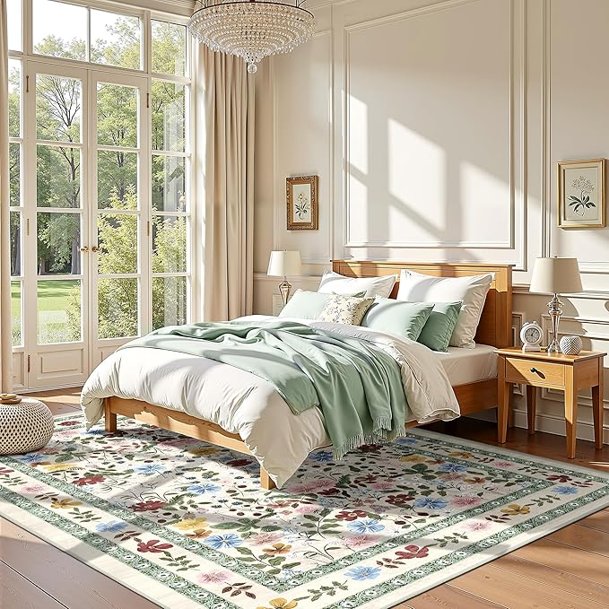 Deerly Boho Floral Rug 6x9 Vintage Colorful Washable Non-Slip Living Room Carpet Soft Low Pile Thin Bedroom Floor Mat Indoor for Dining Room Playroom Nursery Farmhouse, Beige/Green/Multi