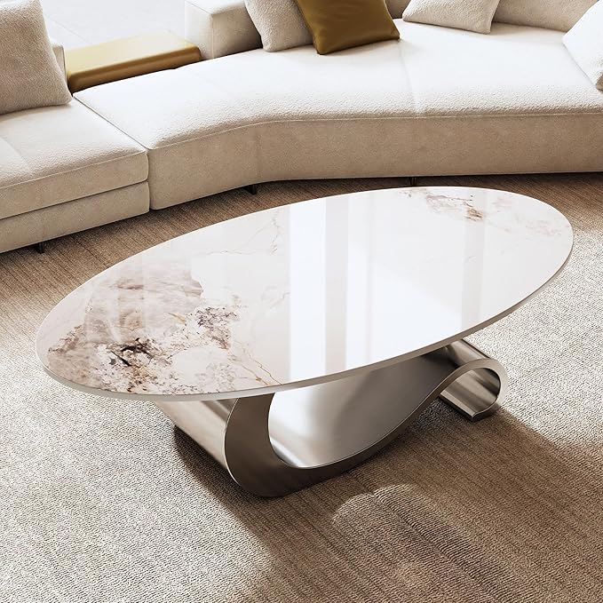 49.2" Oval Marble Coffee Table with Geometric Stainless Steel Base, Modern Sintered Stone Coffee Tables for Living Room, Luxury White Silver Cocktail Center Table Living Room Furniture for Home Decor