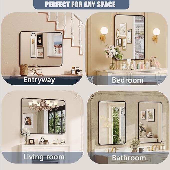 22×30 Black Bathroom Mirror for Over Sink - Rectangle Bathroom Vanity Mirror Wall Mounted with Matte Aluminum Frame & Rounded Corners, Shatterproof Tempered-Glass, Horizontal/Vertical