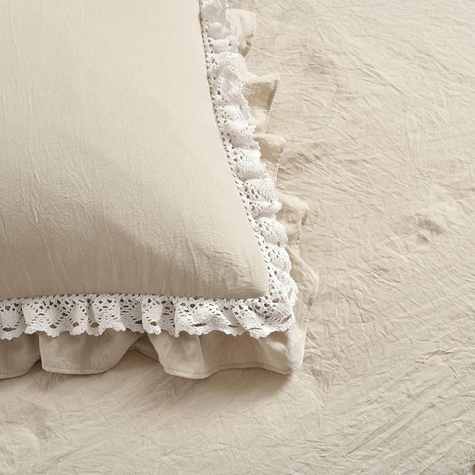 Lush Decor Ella Ruffle Lace Bedspread, 3 Piece Set, Queen, Neutral - Cute Bed Set - Queen Bedding - Beige Bedding - Coquette Decor - Neutral Ruffle Trim - Beige Lace Trim