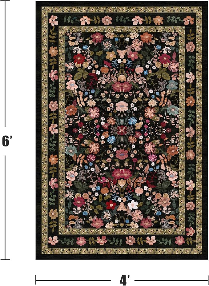 Black Floral Area Rugs 4x6 Washable Living Room Bedroom Carpet - Vintage Boho Thin Non-Slip Soft Low Pile Floor Mat Indoor Home Decor for Dining Room Playroom Farmhouse, Black/Multi