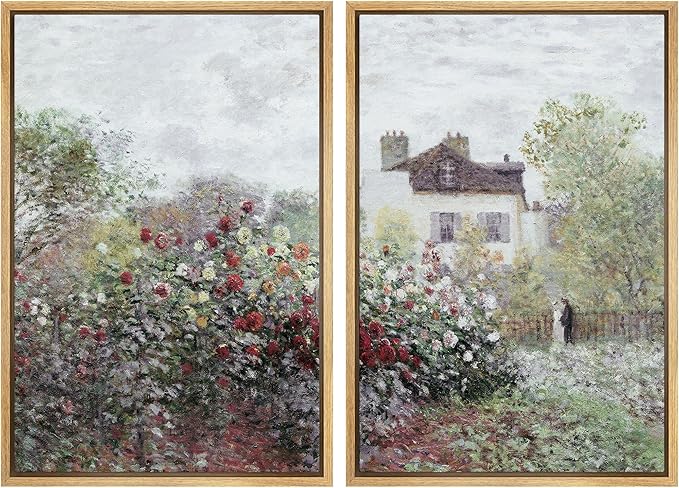 MUDECOR Framed Canvas Print Wall Art Blooming Garden and Cottage Romantic Floral Landscape Nature Wilderness Illustrations Realism Decorative for Living Room, Bedroom, Office - 24"x36"x2 Natural