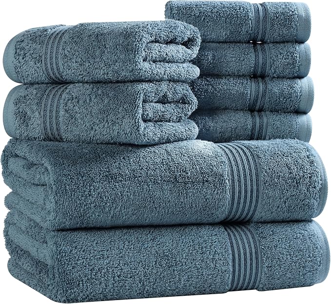 Superior Egyptian Cotton 8-Piece Towel Set, Assorted Towels for Home Bathroom, Guest Bath Decor Essentials, Includes 2 Bath, 4 Hand, 2 Face Towels/Washcloths, Quick Dry, Absorbent, Sapphire