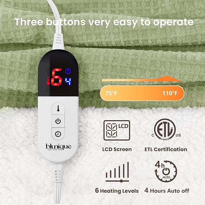Heated Blanket Electric Throw Waffle, 50x60 Inches Sherpa Fleece Fast Heating Blanket 6 Heating Levels & 4 Hours Auto Off ETL Certification, Sage Throw