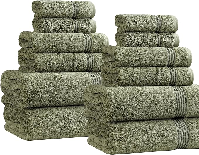 Superior Egyptian Cotton 12-Piece Towel Set, Assorted Towels, Home Bathroom, Master, Guest Bath, Decor Essentials, 4 Bath, 4 Hand, 4 Face Towels/Washcloths, Quick Dry, Absorbent, Forest Green