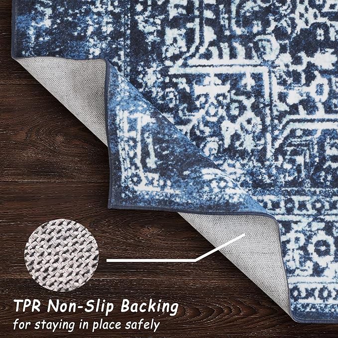 vivorug 8x10 Area Rugs, Stain Resistant Washable Rug for Living Room, Vintage-Inspired (Navy Blue, 8'x10')