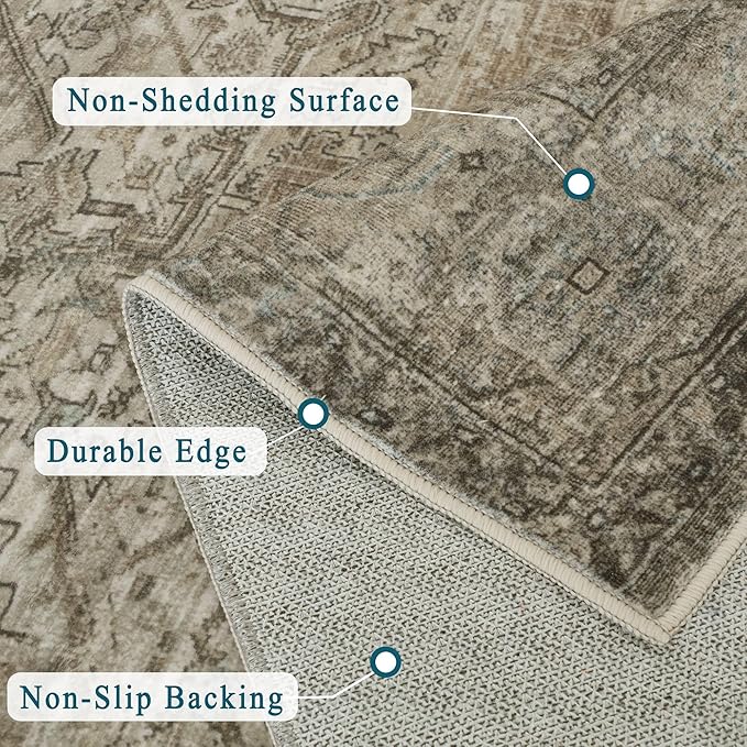 vivorug 6x9 Area Rugs, Ultra-Soft Washable Rug for Living Room Dinner Room Bedroom, Non-Slip Vintage Rug, Indoor Carpet Large Area Rug, Olive