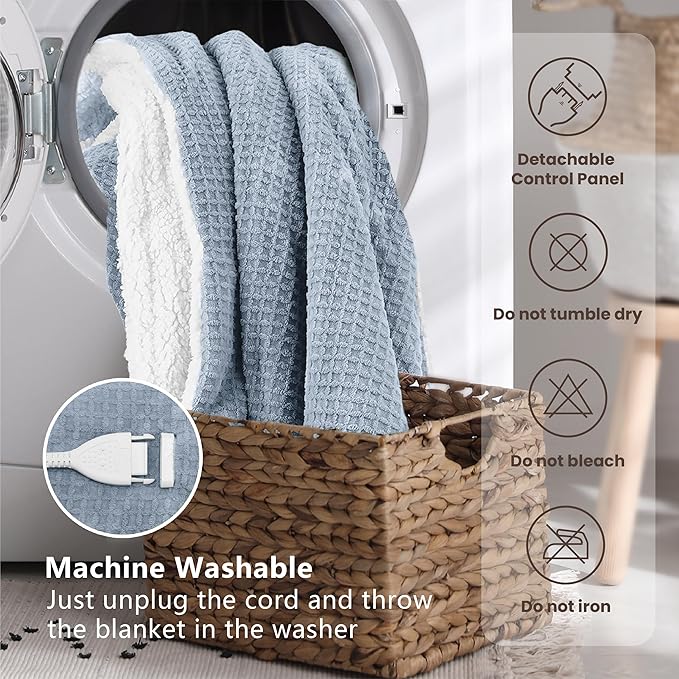 Electric Blanket Striped Twin, 72x84 Inches Sherpa Fleece Fast Heating Blanket 6 Heating Levels & 10 Hours Auto Off ETL Certification,Haze Blue Full